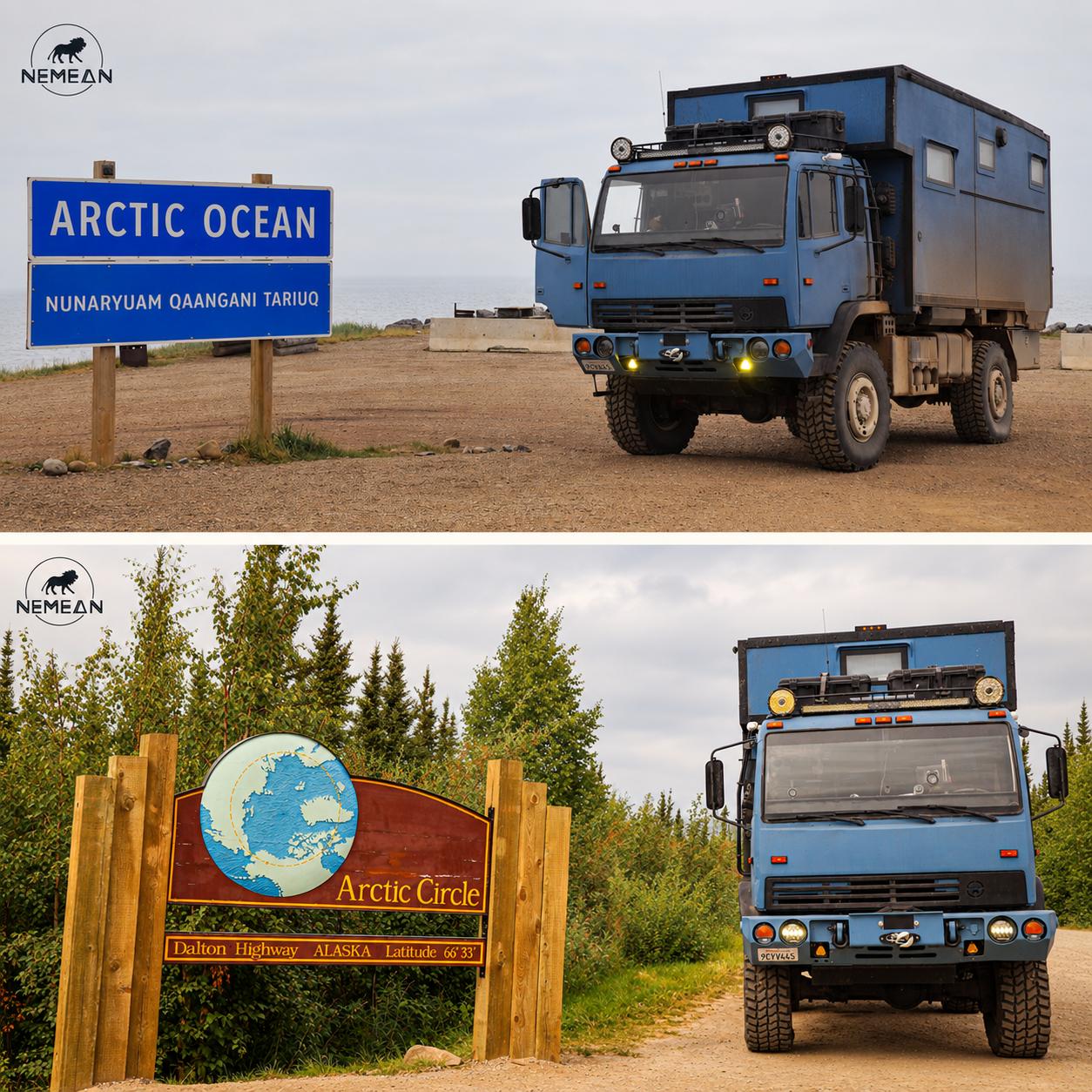 Collage of my blue expedition truck at the Arctic Ocean and the Arctic Circle on Alaska’s Dalton Highway